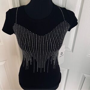 New! Black Stretch T-Shirt w Silver Rhinestone Embellishments Size Small